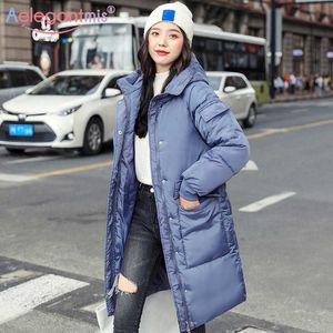 Aelegantmis Winter Women Parka Coats Harajuku Style Thicken Warm Long Padded Overcoat Ladies Black White Hooded Outerwear 210607