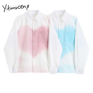 Yitimuceng Bluse Frauen Kontrast Farbe Casual Button Up Shirts drehen-unten Kragen Blau Rosa Sommer Koreanische Mode Tops 210601