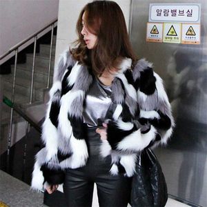 Autumn Winter Imitation Fur Jacket Coat Big size Women's Loose Round Neck Short Ladies Mixed Color Size S-6X Outerwear 211220