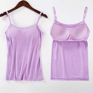 Mulheres acolchoado sutiã de sutiã nova mulher espaguete camis top colete feminino casual senhoras camisola com construído em sutiã y0824