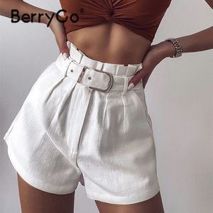 Berrygo White Cotton High 허리 여성 반바지 여름 러프 벨트 여성 짧은 바닥 패션 짧은 바지 Streetwear 반바지 2021 210301
