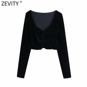 Zevity Donna Vintage Colletto quadrato Velluto Corto Grembiule Camicetta Donna Streetwear Manica lunga Ruffles Camicia Chic Blusas Top LS7438 210603