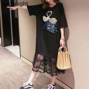 Summer Woman Short Sleeve Black Midi Gauze&Cotton T Shirt Dress Plus Size Embroidery Ladies T-Shirt Party Dresses Robe 210601