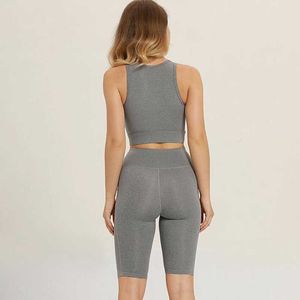 Partihandel Gym Strumpbyxor för kvinnor Kombinera Top Andningsbara Hög midja Leggings Sexig Fashion Summer Yoga Set X0629