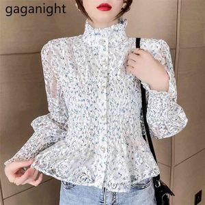 Primavera Túnica Floral Tops Mulheres Vintage Escritório Escritório Senhoras elegante Lace Camisas Stand Gola de Manga Longa Blusas 210601