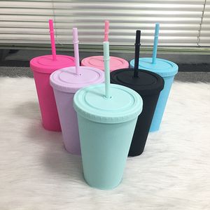 6色16オンススキニータンブラープラスチックウォーターカップコーラのコーヒーマグカップ付きフラット蓋とストローフェスティバルギフトホームパーティー用品