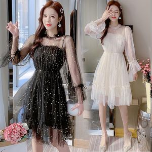 Casual Dresses Women Dress Autumn 2022 Office Lady Vintage Full Sleeve Solid paljetter Mesh O-Neck High midjeb￤lte Aprikos svart