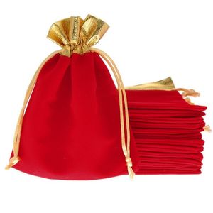 Commercio all'ingrosso 25 Pz 12x15 cm Velluto Rosso Oro Trim Con Coulisse Regalo Dei Monili Natale/Matrimonio String Coulisse Borse Sacchetti partito