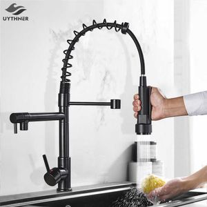 Uythner Black Brass Kitchen Faucet Vessel Sink Mixer Tap Spring Dual Swivel Spouts and Cold Water Mixer Tap Bathroom Faucets 210724