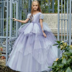Liten Princess Flower Girl Dresses For Wedding Ball Beads Toddler Pagant Klänningar Korta Ärmar Födelsedag Klänning För Flickor