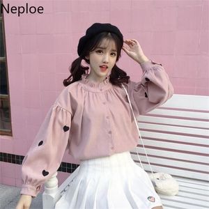 Neploe Love Heart Embroidery Blouse Women Korean Fungus Half Turtleneck Lantern Sleeve Shirts BFsingle Breasted Female Top 49907 210226