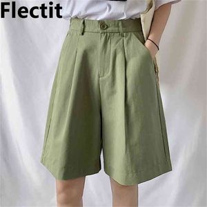 Flectit Mulheres Bermudas Bermudas Algodão Cintura Alta Perna Largura Plissada Frente Plus Size Feminino Estudante Menina Outfit Casual 210724