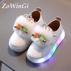 Size 21-30 Children Glowing Shoes Girl Baby Casual Princess Pearl Glwoing Sneakers with Light for Girls X0703