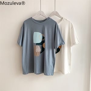 Mozuleva SommarT-tröja O-Neck Abstrakt Konsttryck Toppar Kortärmad Loose Bomull Kvinnor Chic Girls Harajuku Tees 210720