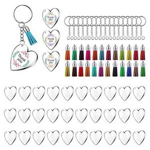 90pcs akrylskivor Klar hjärta Keychain Blanks Charms Färgglada Tassel Nyckelringar för DIY Crafts Smycken gör H1126