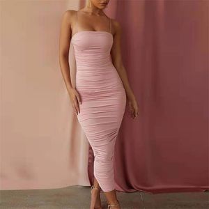 Newasia Double Layers 섹시한 여름 드레스 핑크 여성 밤 드레스 꽉 긴 파티 바디 콘 드레스 Ruched Midi Dress Vintage Robe 210309