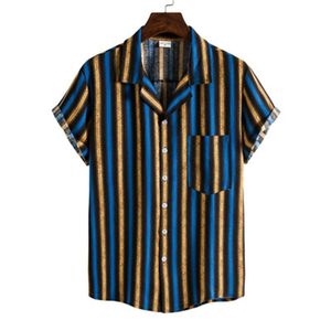 Erkek Pamuk Keten Şerit Gömlek Moda Trend Kısa Kollu Hırka Yaka Boyun Gömlek Bahar Erkek Yaz Rahat Cep Tek Göğüslü Tops