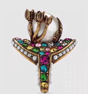Vintage bloemring voor vrouwen luxe designer overdrijven koper kleurrijke strass grote parel ringen sieraden hoge kwaliteit geschenken