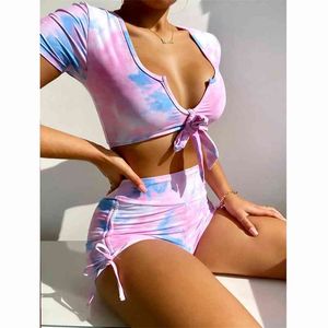 Tankini 높은 허리 Bikinis 섹시한 여성 수영복 수영복 여성 넥타이 염색 브라질 비키니 세트 Bather Buquini 수영복 210621