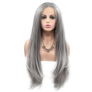 Synthetic Wigs Frontal Lace Front Wig Cosplay Colored For Black Women Ombre Sliver Gray Straight Hightlight 13*4 Hair