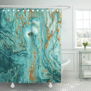 Duş perdeleri yeşil güzel soyut altın ve turkuaz karışık boyalar mermer perde su geçirmez kumaş 72 x 78 inç kancalarla ayarlanmış