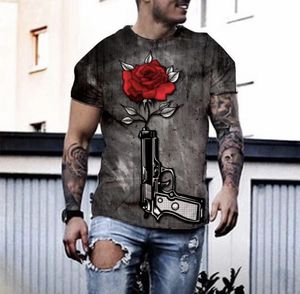 2021 T-shirt dos homens europeus e americanos CRÂNIO Mão Rosa 3D Impressão em torno do pescoço de manga curta trend t