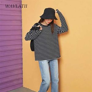 WAVLATII Women Long Sleeve T shirts Female Cotton White Black Striped Tees Lady Oversized Spring Casual Tops WLT2107 211110