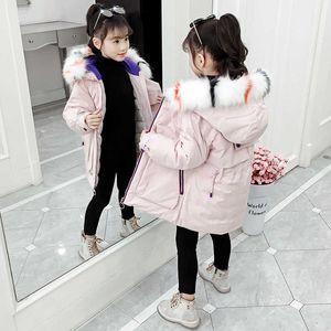 2021 fashion Children Winter Clothes Girl Jacket Warm Fur Collar Hooded long down cotton Coats For Kids Outerwear parka clothing H0909