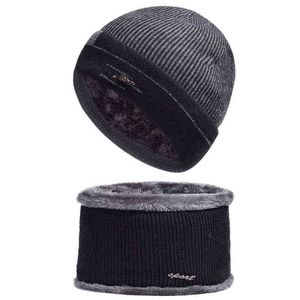 New Selling 2pcs Ski Cap and Scarf Cold Warm Leather Winter Hat for Women Men Knitted Hat Bonnet Warm Cap Wool Skullies Beanies Y21111