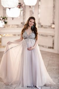 Ny Fashion Maternity A Line Prom Dresses Pärlade paljetter Spaghetti Rems Golvlängd veck Tulle gravid formell klänning kväll 2553