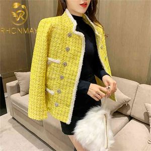 Jesień Moda Kobiety Stojak Kołnierz Plaid Żółty Tweed Kurtka Perły Podwójne Breasted Vintage Eleganckie Damskie Tassels Twill Coat 210922