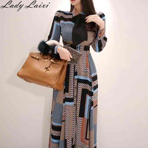 Autumn Maxi Shirt Dress Multicolor Geometric Print Korean Bow Single-breasted Long Sleeve fashion Lady Women 210529