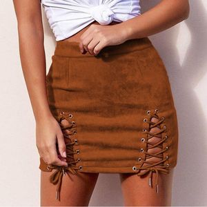 Mode trend modeller kvinnor modeller faux läder kvinnor bandage suede tyg sexig kjol sexig elastisk kort kjol 210419