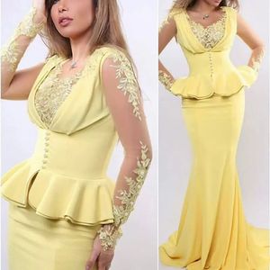 Yellow Evening Prom Dress Scoop Neckline Lace Appliques Pearls Beading Peplum Long Sleeve Satin Mermaid Long Gowns Arabic