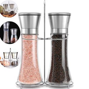 2Pcs/Set Manual Salt Grinder Set With Metal Stand Stainless Steel Pepper Mill Shaker Black Cooking Tools 210713