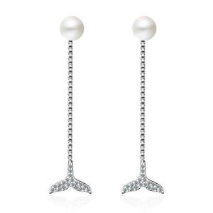 Stud Mode Frauen 925 Silber Klar CZ Meerjungfrau Perle Lange Kette Ohrringe Für Weibliche Ins Persönlichkeit Party Ohrring Schmuck ED601