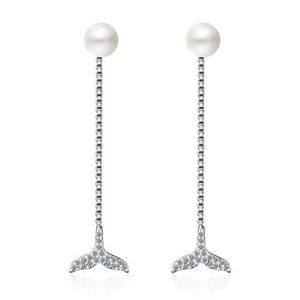 Stud Moda Mulheres 925 Prata Clear CZ Mermaid Pearl Brincos de cadeia longa para festas de festas de personalidade feminina ED601