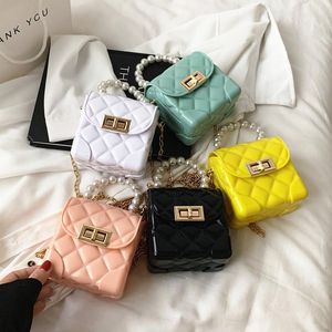 girls candy handbags cute summer 2021 kid mini jelly bag PVC rhomboid one shoulder wallet pearl chain crossbody bags F367