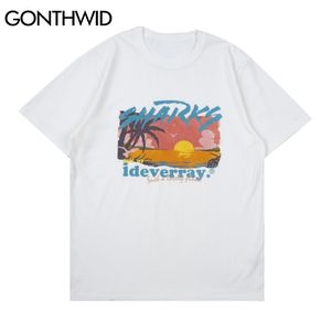 Tees Shirts Harajuku Cartoon Sunset Coconut Tree Short Sleeve Tshirts Streetwear Men Hip Hop Fashion Casual Cotton Tops 210602