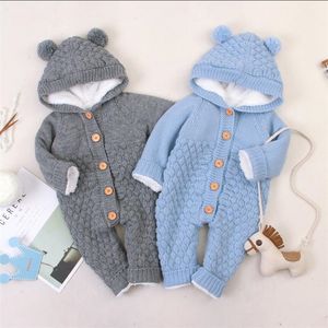 Vinter Stickad Kläder Nyfödd Fleece Spädbarn Baby Boy Jumpsuit Hooded Girl Romper Overaller 210226