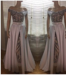Sparkly Sequins Jumpsuit Aftonklänningar med Overkirt Off Shoulder Short Sleeve Golvlängd Lång Prom Party Gowns Reception Dress