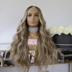 30 Inches Platinum Blonde Highlight Human Hair Machine Made U Part Wigs 250 Density Body Wave Malaysia Remy 100% Unprocessed Wig with Straps and Combs