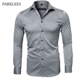 Camisa de fibra de bambu elástica cinza masculina nova marca camisas masculinas de manga comprida não passa a ferro fácil de cuidar negócios trabalho chemise homme xxl g0105