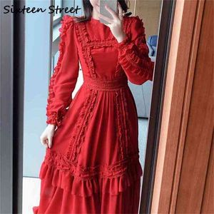 Long Dress For Woman Red Chiffon Patchwork High Waist Maxi Vestidos Lady O-neck elegant Party Female Clothing 210603