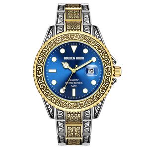 Gh132 relógio masculino clássico de quartzo, estilo retrô, aço inoxidável, 43mm de diâmetro, elegante, hora dourada, marca, data, windowl, pulso 2474