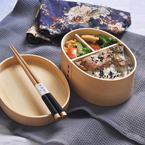 Bento-Box im japanischen Stil, Lunchboxen für Kinder, Holzmaterial, Geschirr, Lebensmittelbehälter mit Fächern, gesund