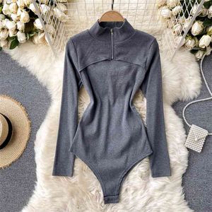 Foamlina Women Knitted Bodysuits Autumn Sexy Club Outfits Zip-up Stand Collar Long Sleeve Hollow Out Slim Body Tops Rompers 210715