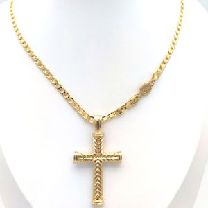 Cross Pendant Solid Gold Filled Charms Lines Fine 24 k Link Necklace Curb Chain Christian Diy Jewelry Factory God Gift