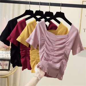 M-4Xl Plus Size Women Sexy Kint Summer Sweater Pullover Slim Short Sleeve Short T-Shirt Female Kint Jumper Mujer Sweaters 210604