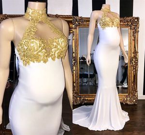 2021 White Gold Pregnant Women Evening Dresses High Neck Applique Beaded Elastic Satin Open Back Party Formal Gowns Maternity Special Long